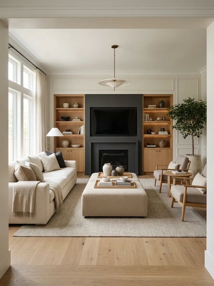 U-Shaped Seating Around a Shared TV and Fireplace Wall