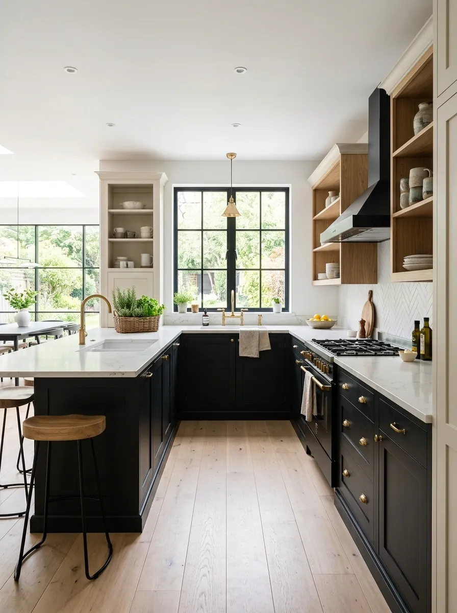 U-Shaped White Kitchen With a Black Interior Work Zone