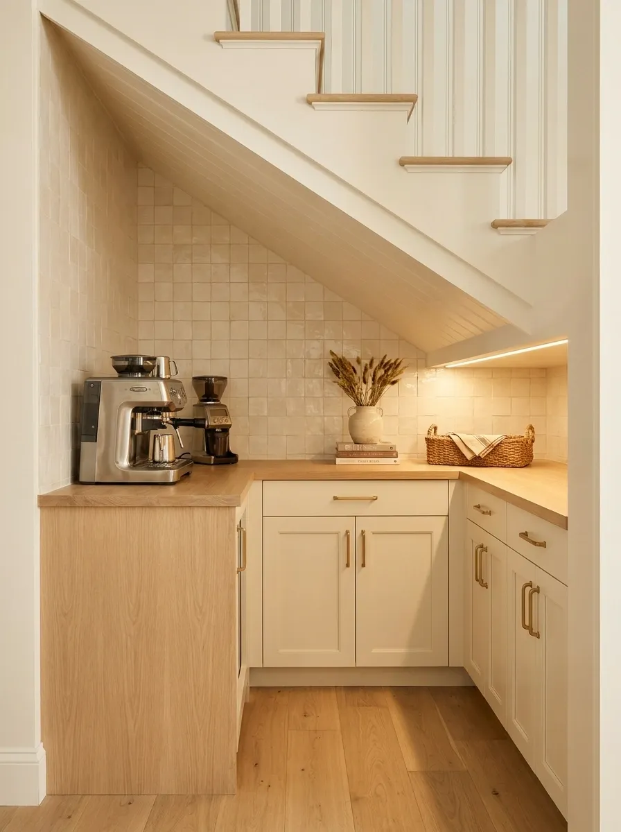 Under-Stair Coffee Nook Built Into an Unused Recess