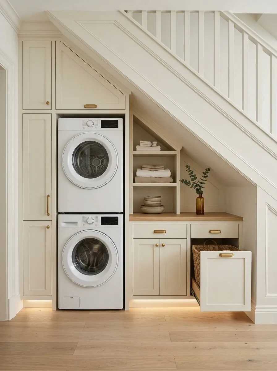 Under-Stair Laundry Tower With Sloped Built-In Storage