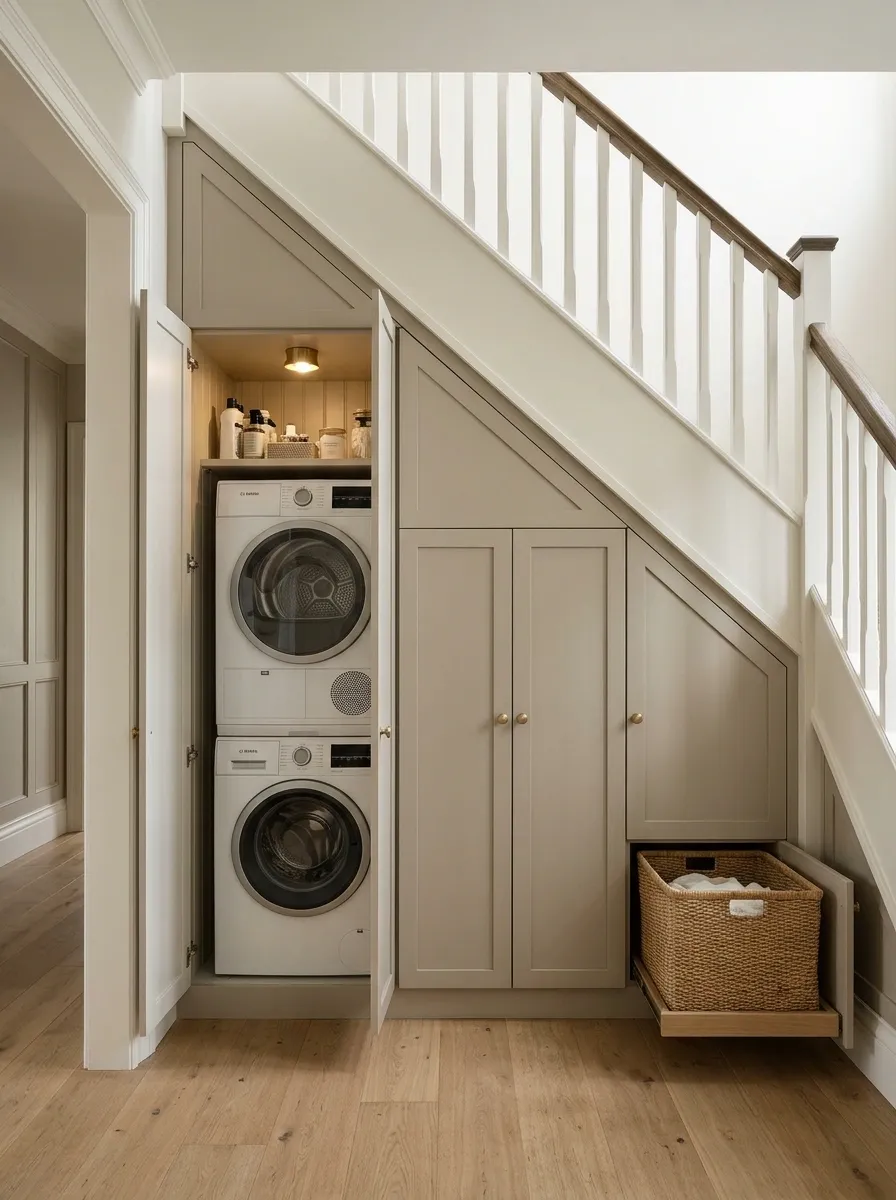 Under-Stair Laundry With Stepped Cupboards and a Flush Door