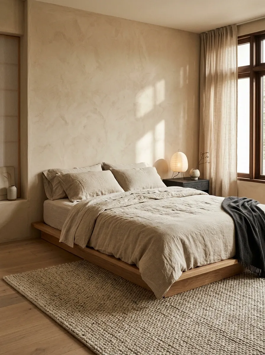 Undyed Linen Bedding in a Japandi Bedroom