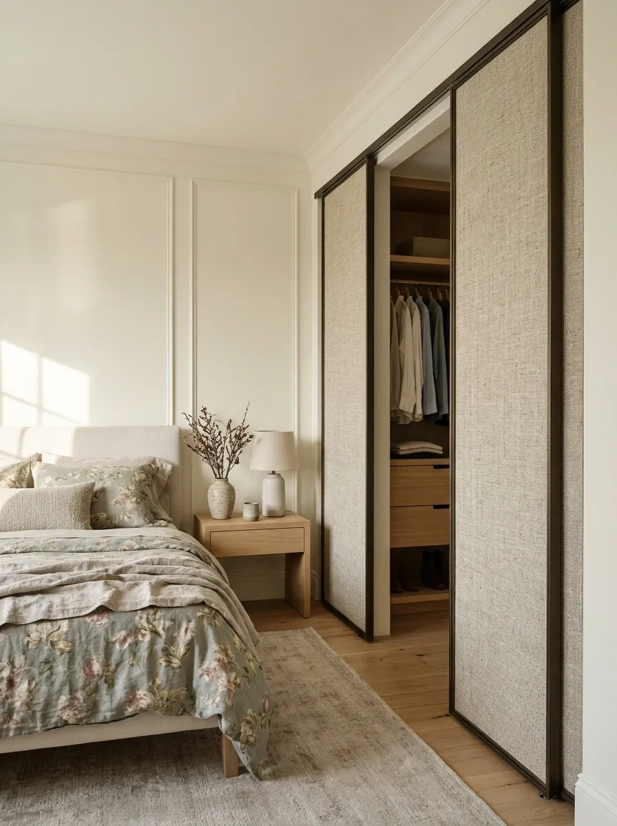 Upholstered Fabric Panels in a Soft Transitional Bedroom