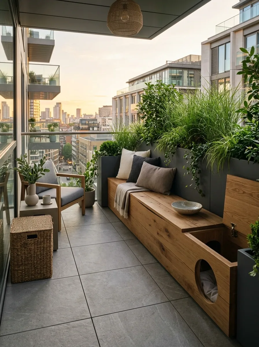 Urban Balcony With a Built-In Planter Bench