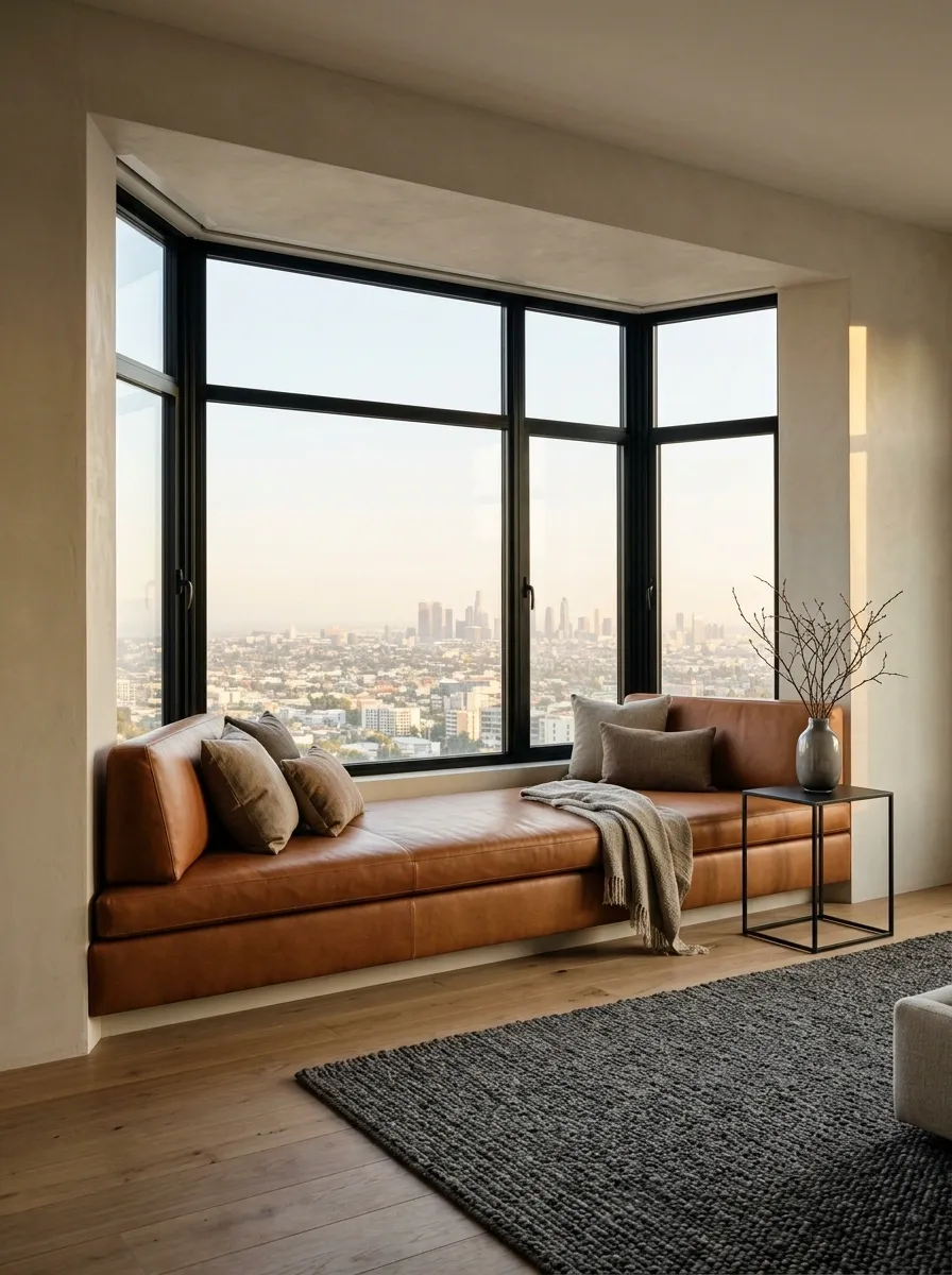 Urban Contemporary Bay Window With Black Frames and Cognac Leather Seating