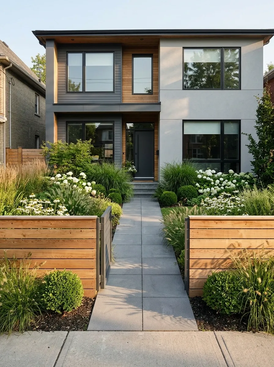 Urban Front Garden With a Low Privacy Screen and an Interior Planting Bed