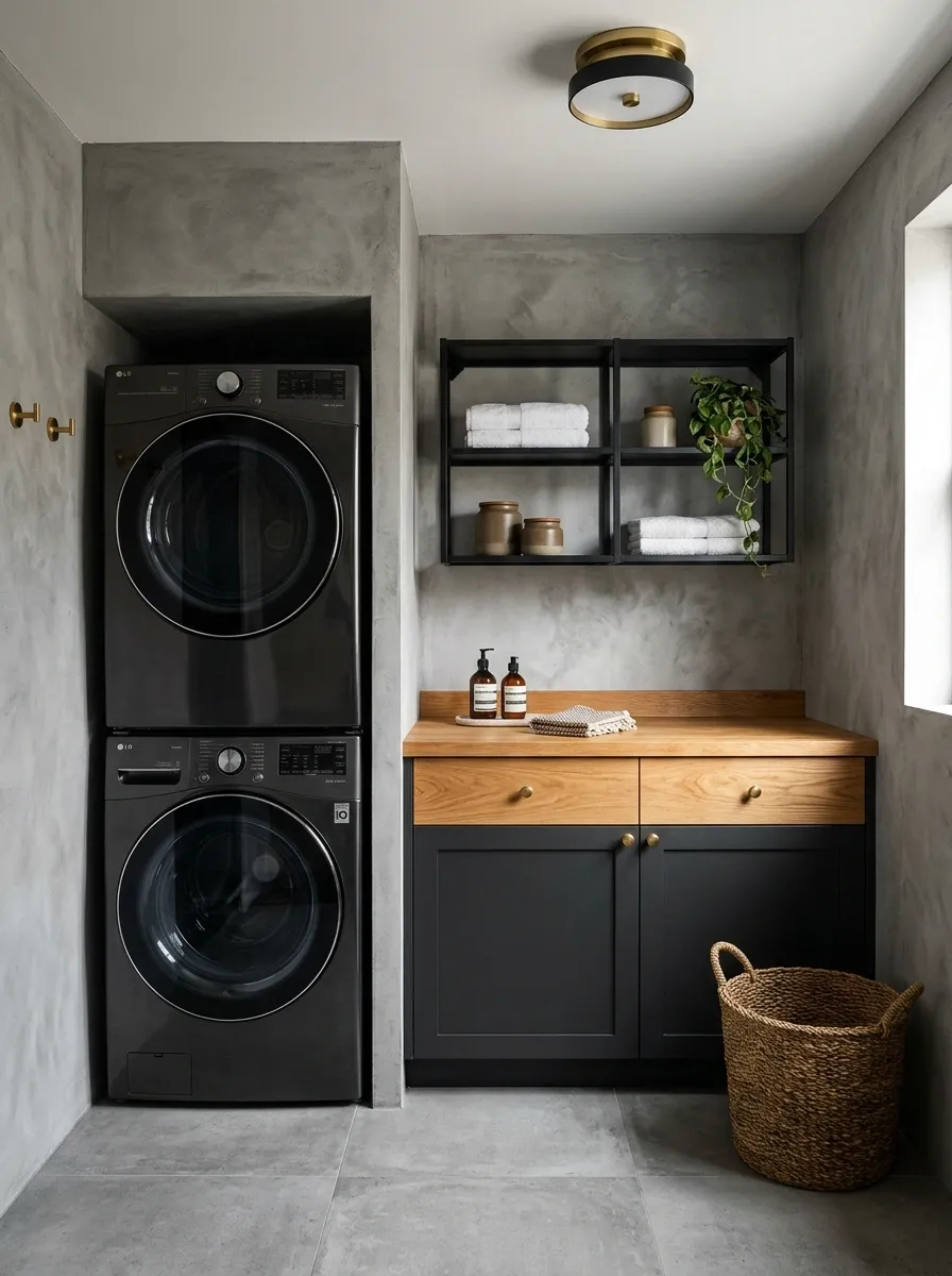 Urban Laundry Nook With Concrete-Look Tile and Black Framing