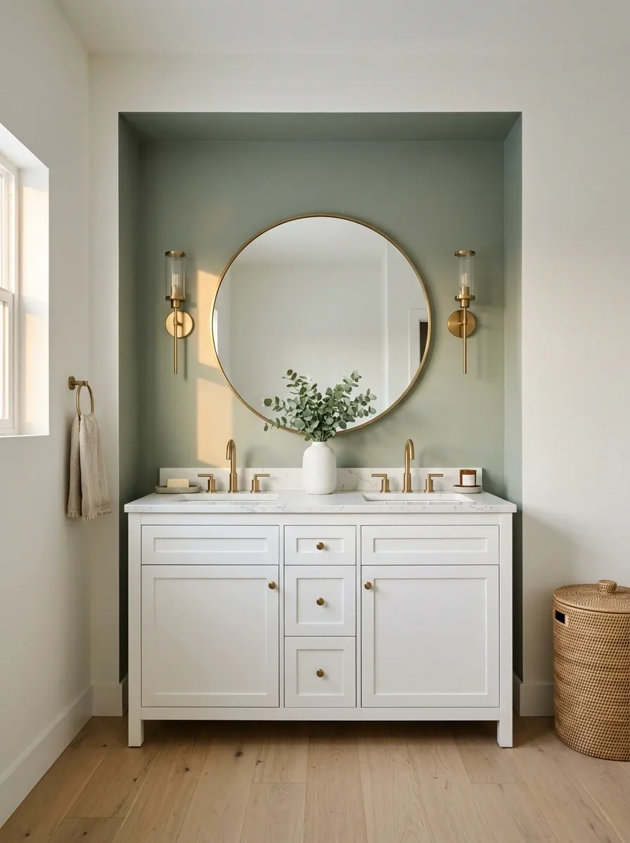 Use a Sage Accent Behind the Vanity Mirror