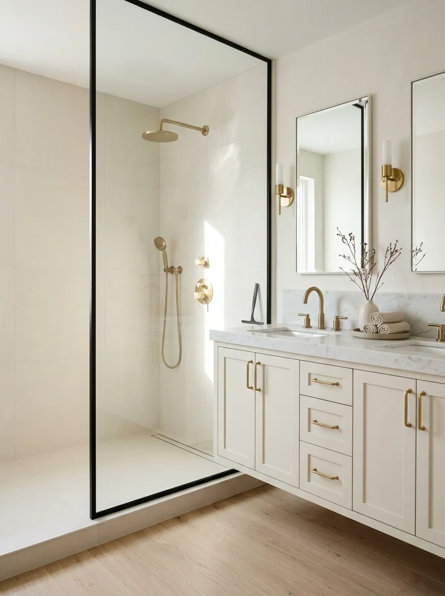 Use Clear Glass to Keep Brass Shower Hardware Visible
