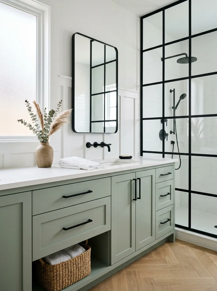 Use Sage With Black Fixtures for a Sharper Bathroom