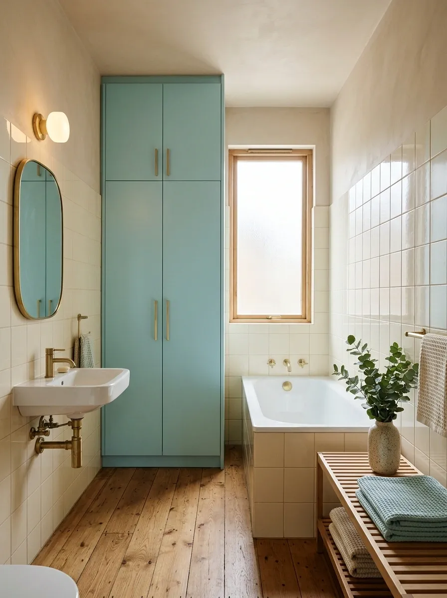 Utility Bathroom With a Concealed Laundry Cupboard and Cream Tile