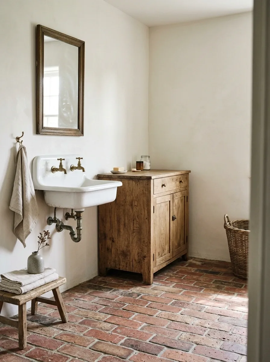 Utility-Inspired Farmhouse Bathroom With Brick Flooring