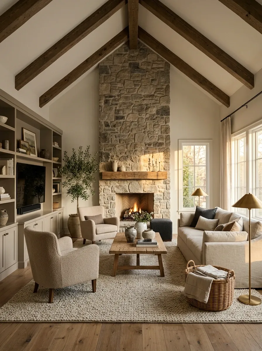 Vaulted Living Room With a Fireplace and Separate Media Wall