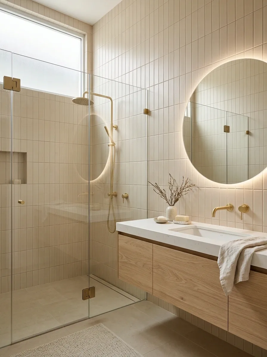 Vertical Beige Tile Bathroom With Satin Gold Hardware