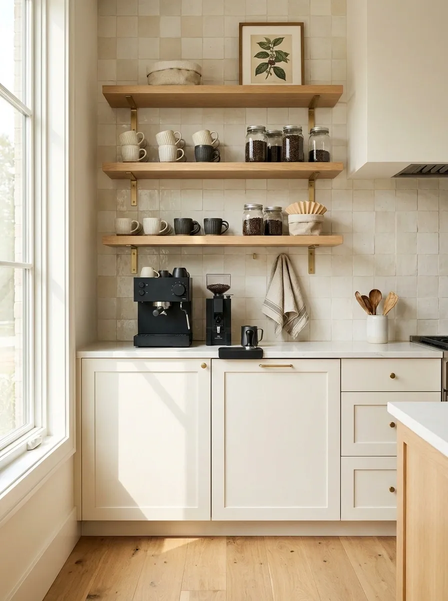 Vertical Coffee Station With Wall-Mounted Shelving