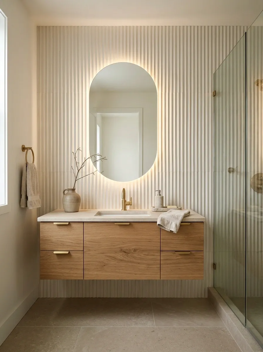 Vertical Fluted Tile Wall With a Floating Vanity