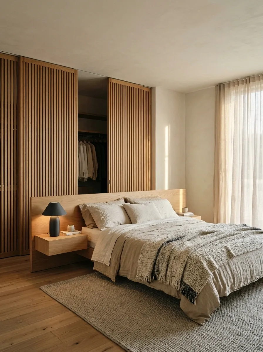 Vertical Wood-Slat Panels in a Warm Minimalist Bedroom
