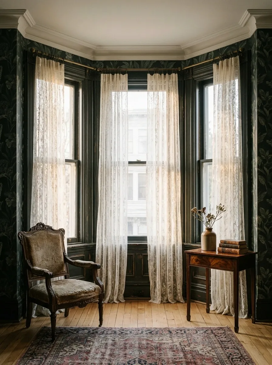 Victorian Bay With Lace Curtains and Heritage Wallpaper