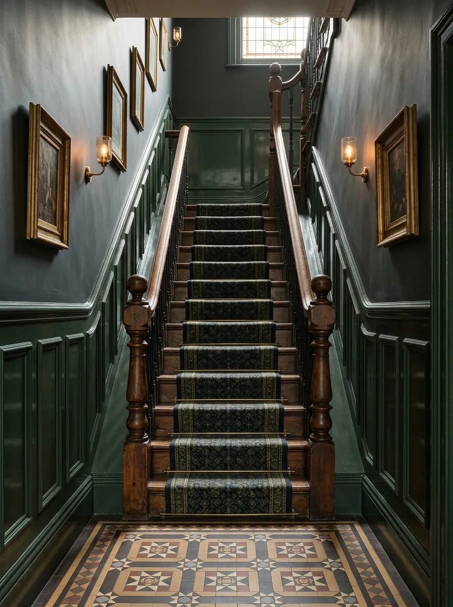 Victorian Stairwell With Dark Gloss Panels and Patterned Flooring