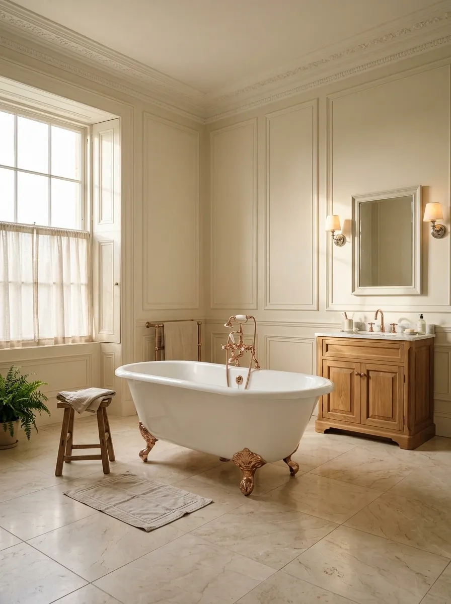 Vintage Bathroom With a Clawfoot Tub and Cream Paneling