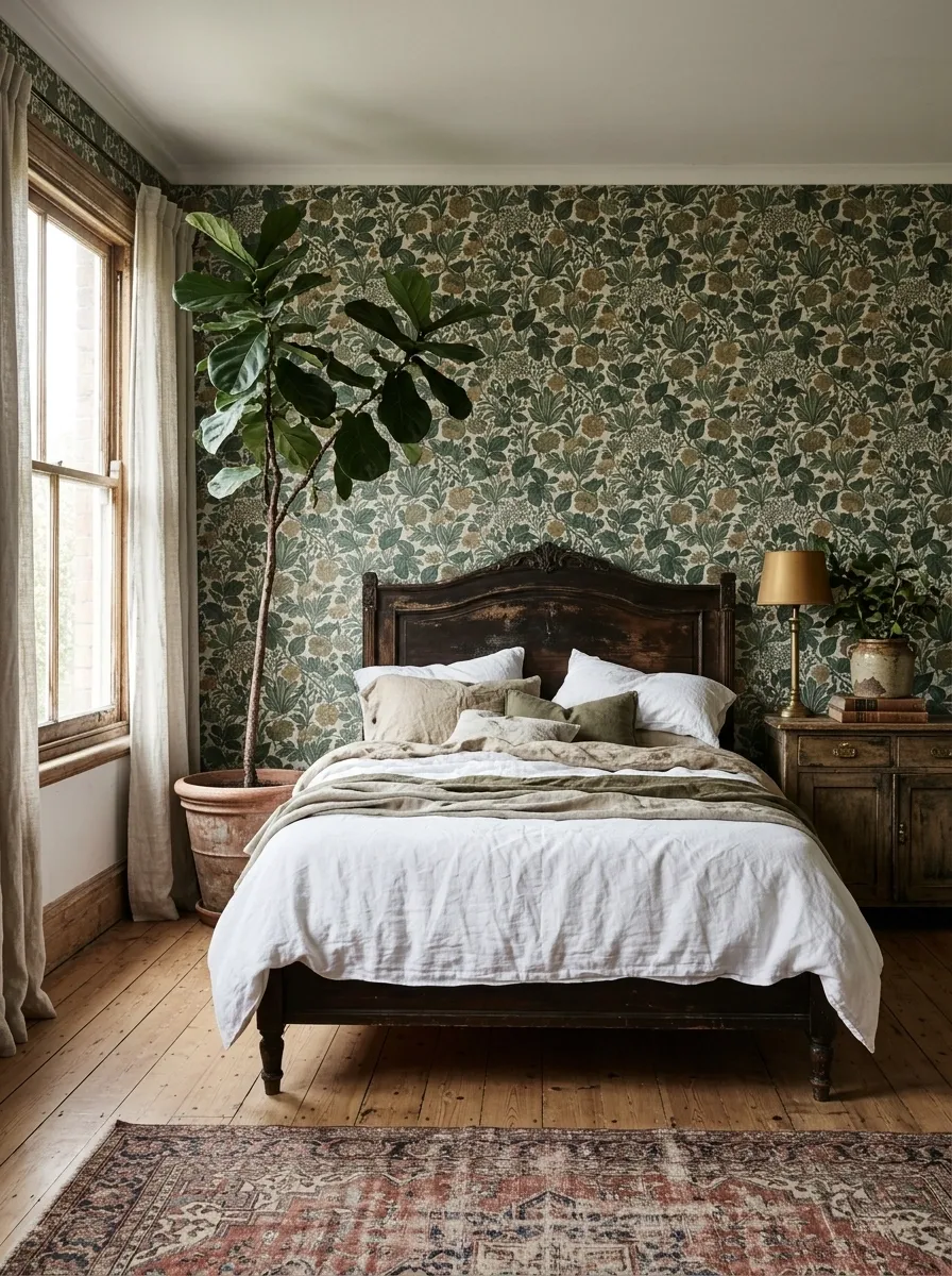 Vintage Botanical Bedroom With Patterned Wallpaper and Collected Furniture