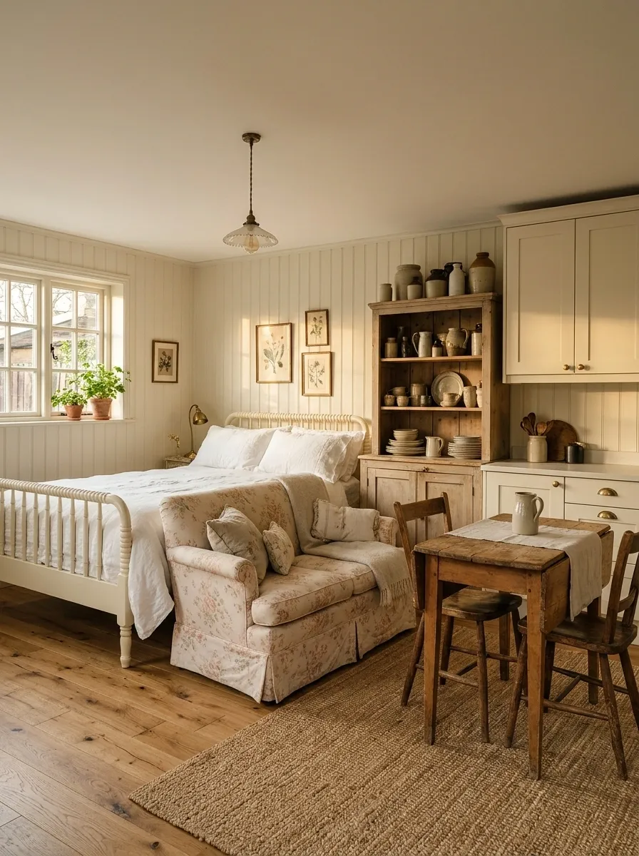 Vintage Cottage Studio With a Painted Bed and Breakfast Hutch