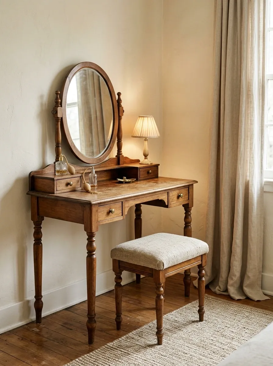 Vintage Dressing Table With Warm Cream Walls and Antique Details
