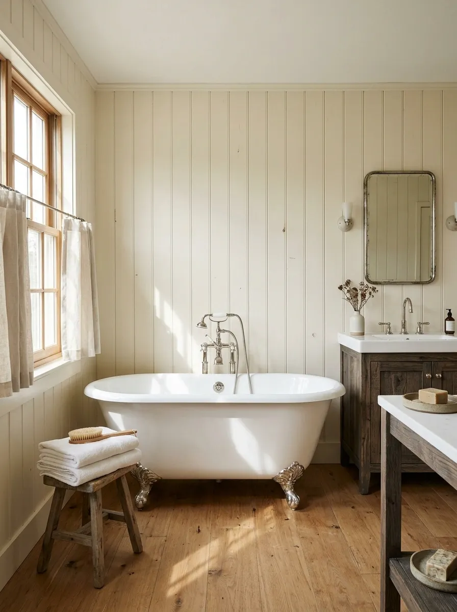 Vintage Farmhouse Bathroom With a Clawfoot Tub and Weathered Wood