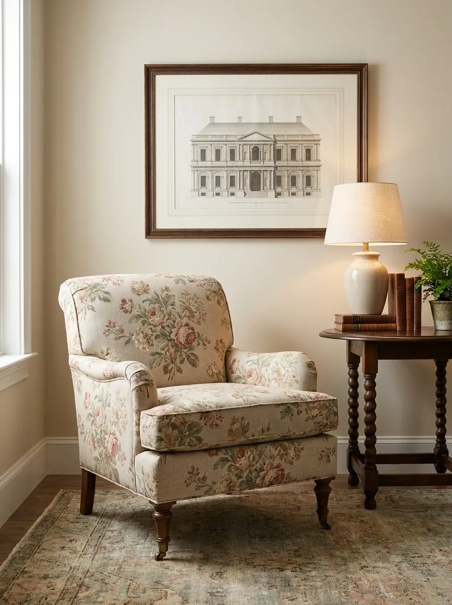 Vintage Floral Chair in a Traditional Reading Corner