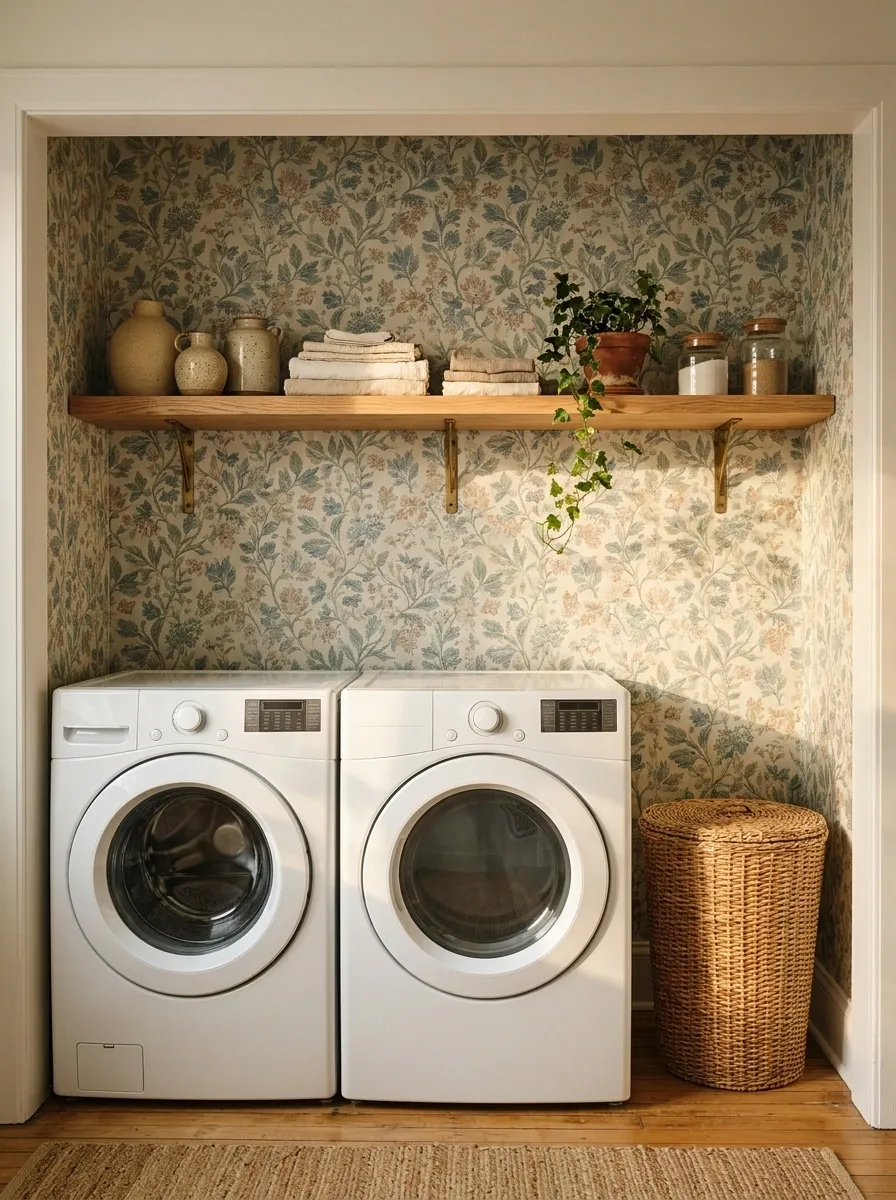 Vintage Floral Laundry Nook With Classic White Appliances