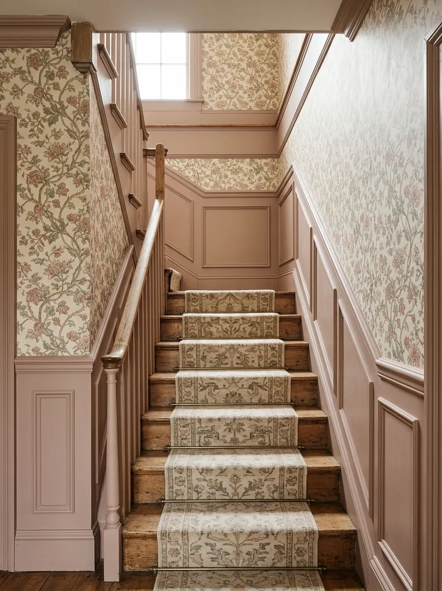 Vintage Floral Stairwell With Painted Lower Paneling