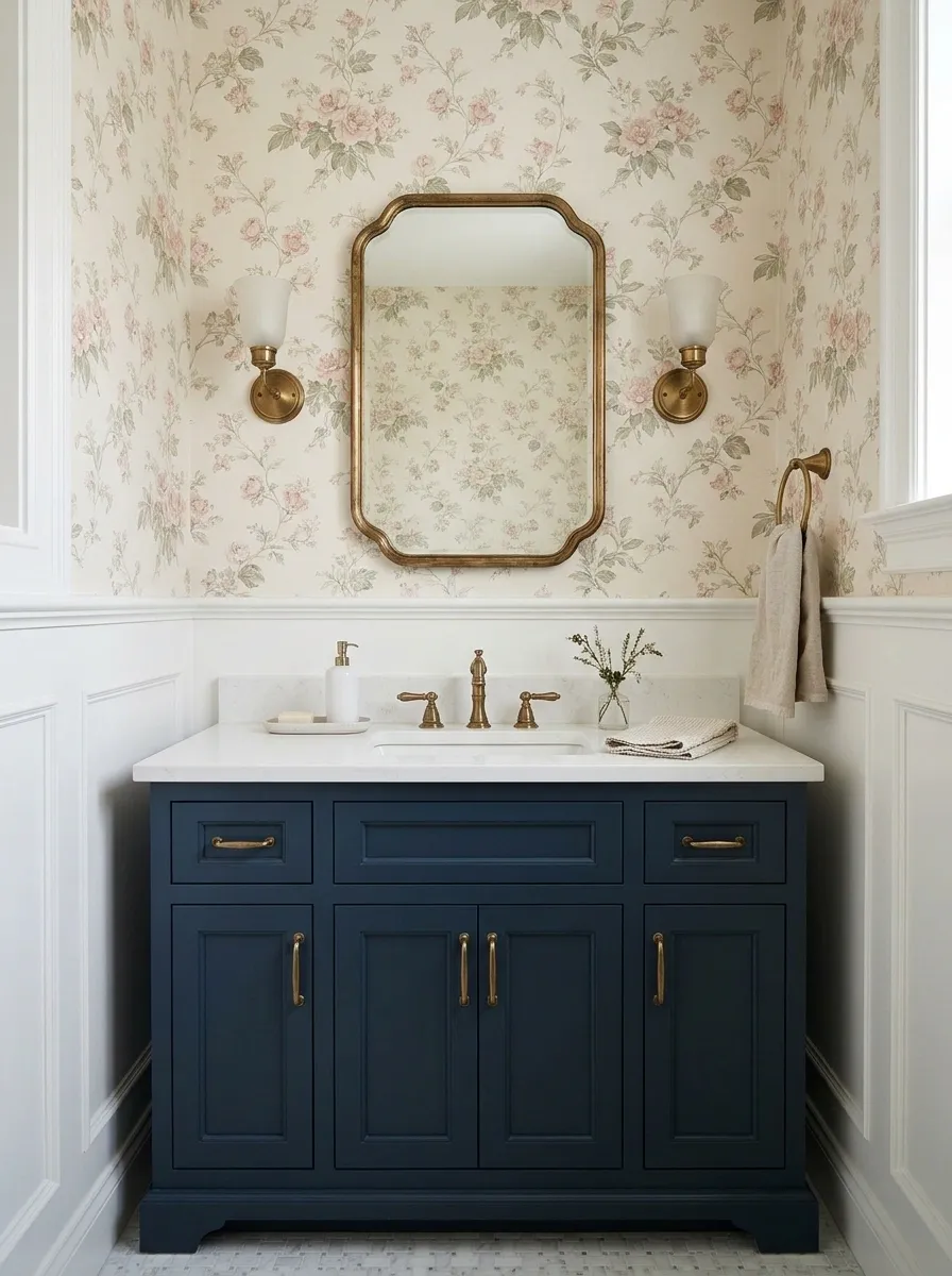 Vintage Floral Wallpaper Above White Wainscoting