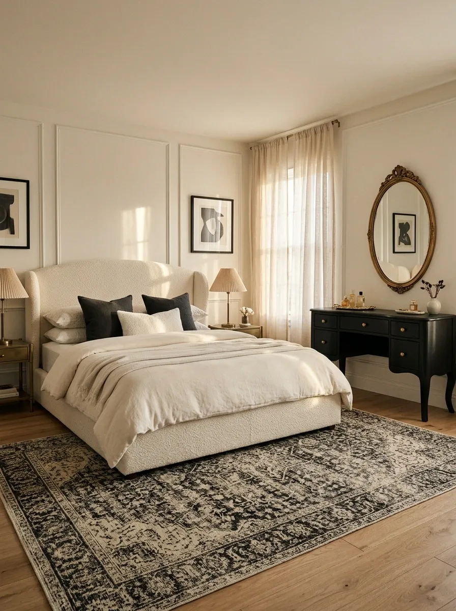Vintage Glam Bedroom With a Black Vanity and Cream Upholstery