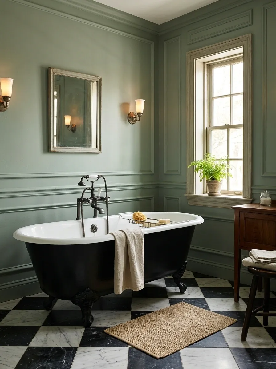 Vintage Green Bathroom With Black Clawfoot Tub