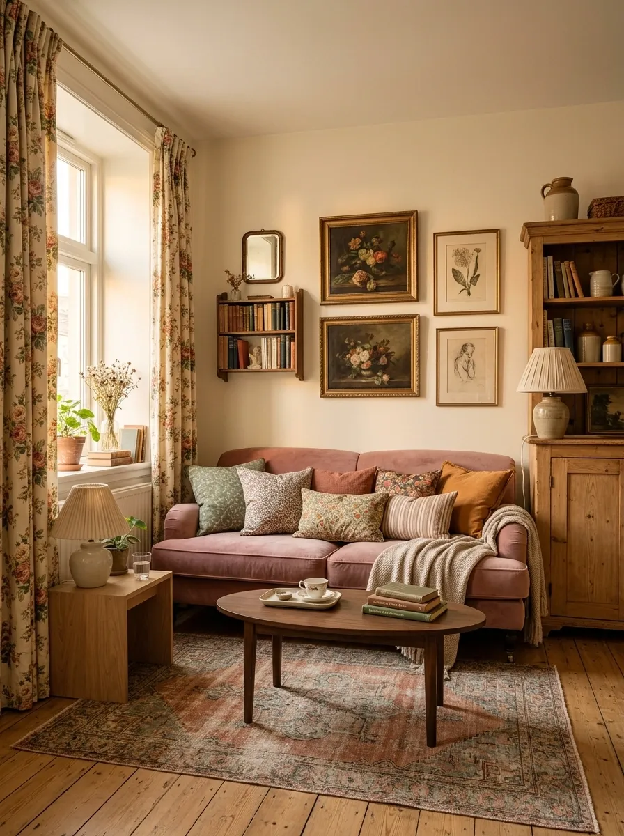 Vintage-Inspired Apartment With Rose Sofa and Warm Floral Textiles