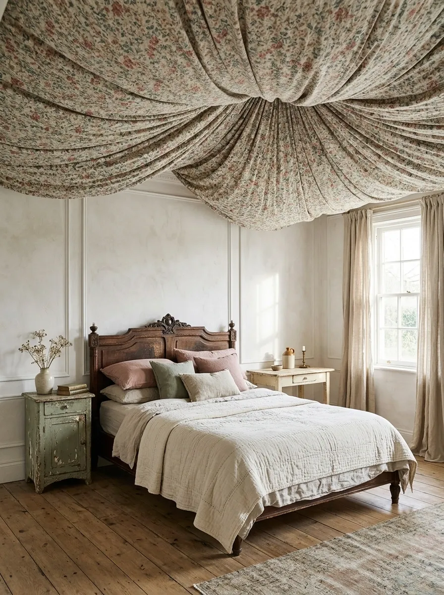 Vintage-Inspired Bedroom With Floral Fabric Ceiling Draping