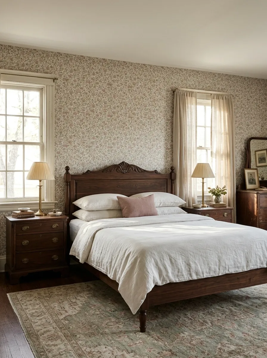 Vintage-Inspired Bedroom With Floral Wallpaper and Dark Timber
