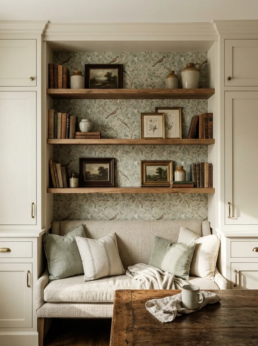 Vintage-Inspired Built-In With Faded Bird Wallpaper and Painted Shelves