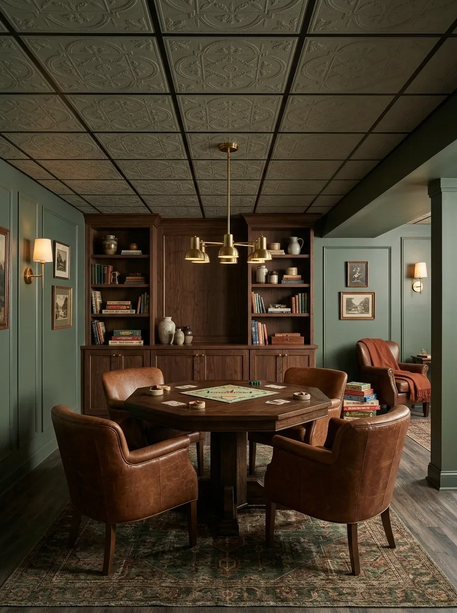 Vintage-Inspired Game Room With Warm Patterned Ceiling Panels