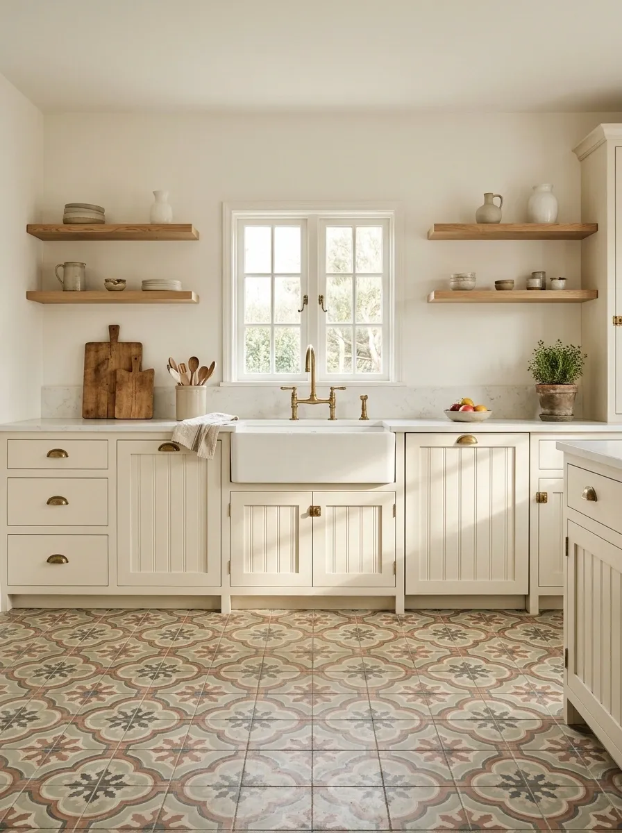 Vintage-Inspired Kitchen With Warm Cream Cabinets and Patterned Tile