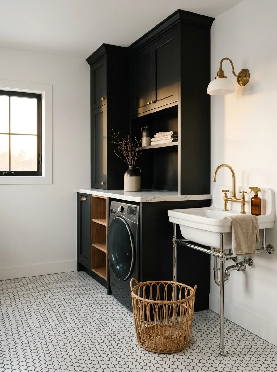Vintage-Inspired Laundry Room With Black Cabinetry and Hex Tile