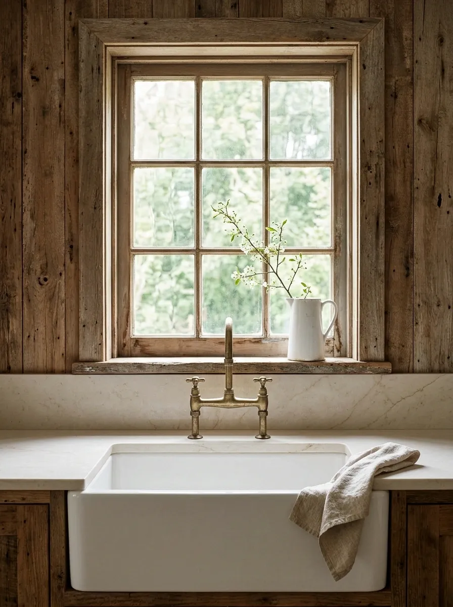 Vintage Kitchen With Reclaimed Wood and Antique Glass