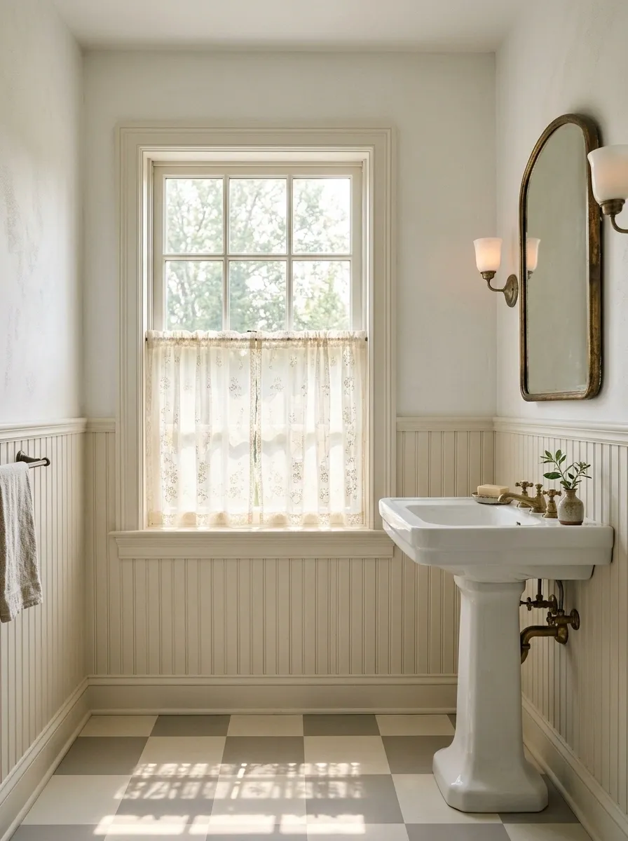 Vintage Lace Curtains in a Restored Bathroom