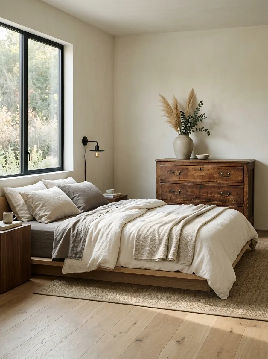 Vintage Minimalist Bedroom With One Statement Antique Piece