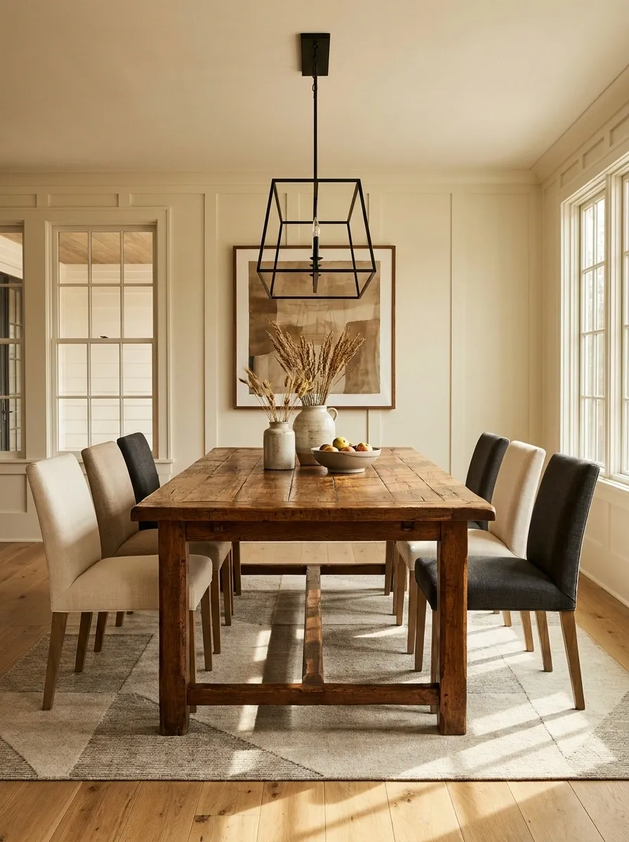 Vintage-Modern Farmhouse Dining Room With an Antique Table