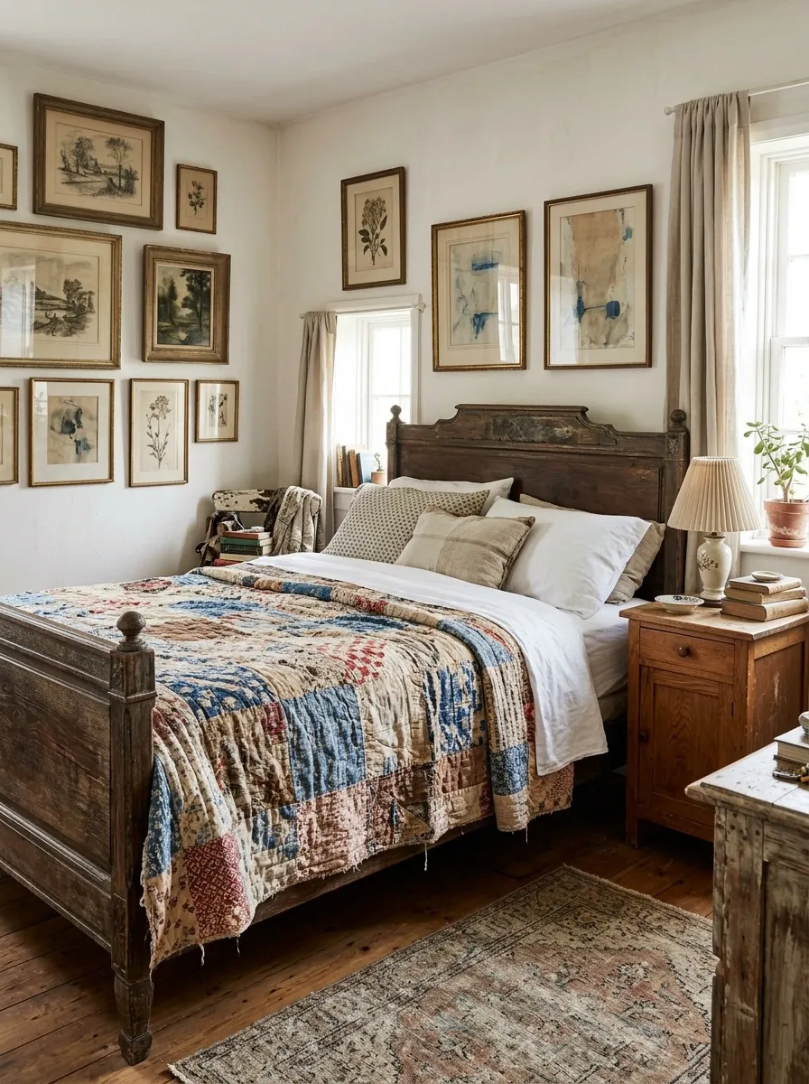 Vintage Patchwork Bedding in a Collected Bedroom