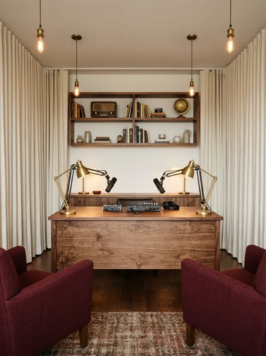 Vintage Radio-Inspired Podcast Room With Walnut Furniture