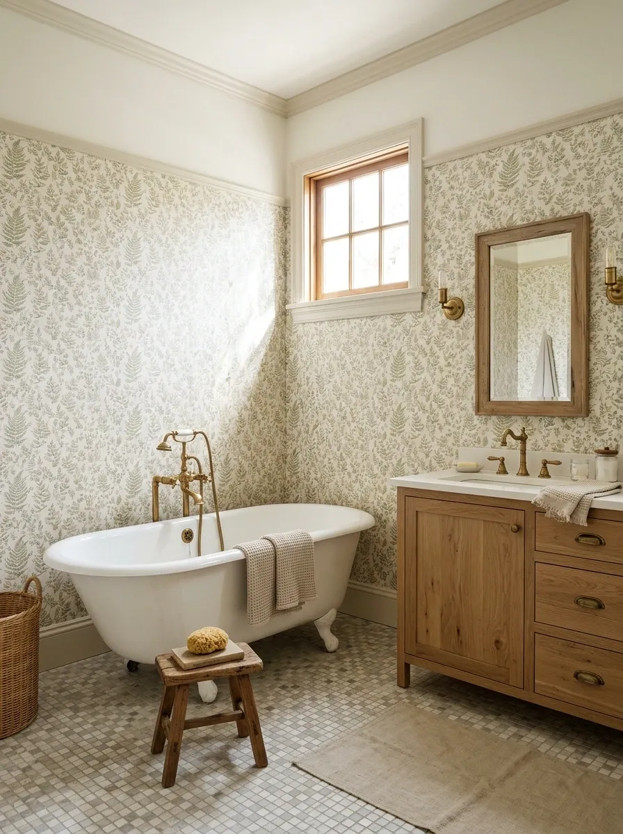 Vintage Ranch Hotel Bathroom With Wallpaper and a Clawfoot Tub