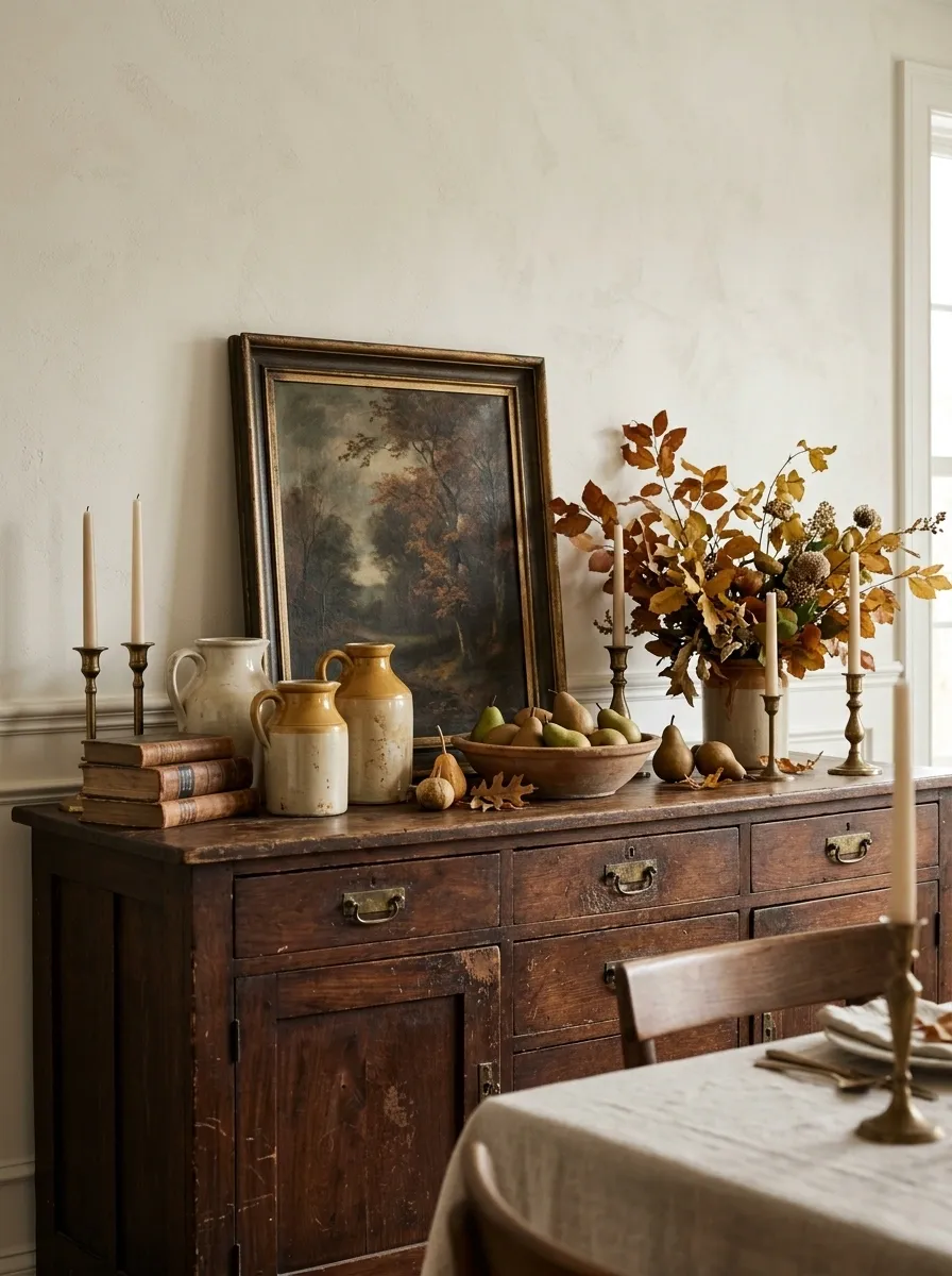 Vintage Thanksgiving Sideboard With Collected Ceramics
