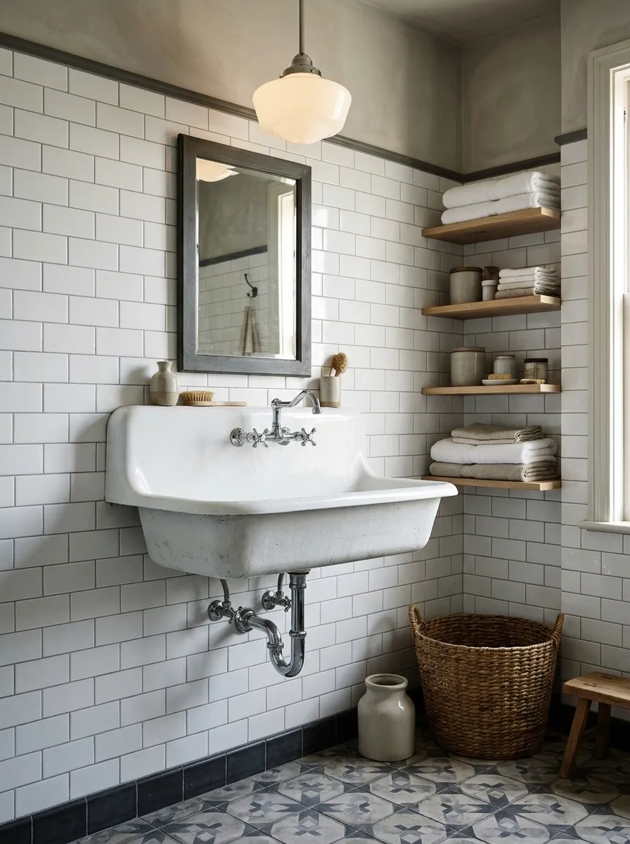 Vintage Utility Bathroom With Porcelain Fixtures and Schoolhouse Lights